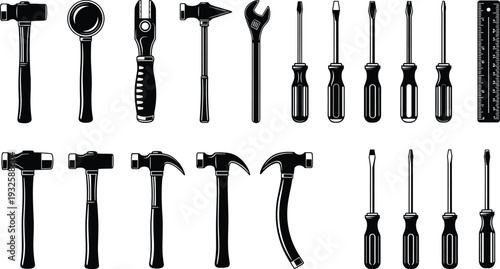 Hand Tools Silhouette Icon Set with Hammers Screwdrivers Wrench Ruler and Workshop Equipment Vector Illustration Collection