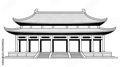 Traditional East Asian temple building vector illustration in black and white line art isolated PNG with Transparent Background