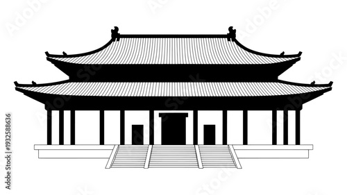 Traditional East Asian temple building silhouette vector isolated PNG with Transparent Background