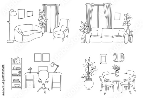 Set of 4 interior design room scenes vector line art isolated PNG with Transparent Background