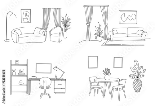 Set of 4 interior design room scenes line art vector isolated PNG with Transparent Background