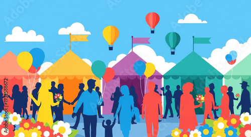 Vibrant festival scene with colorful tents people hot air balloons and flowers on a sunny day outdoors