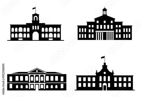 Set of 4 government and university building silhouette icons vector isolated PNG with Transparent Background