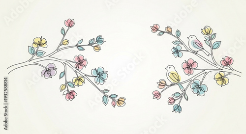 Colorful floral branches with blooming flowers and leaves on white background decorative illustration