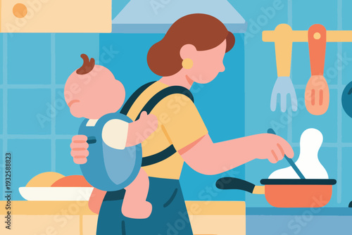 A mother carries her baby on her back while cooking food. Illustration Creative Design Template 
