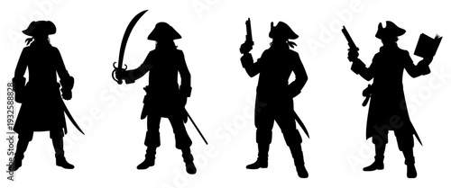 Set of 4 pirate and naval officer silhouettes vector isolated PNG with Transparent Background