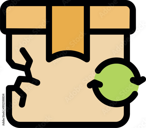 Cardboard box with a crack and recycling symbol highlighting the importance of sustainable packaging and return options for damaged goods