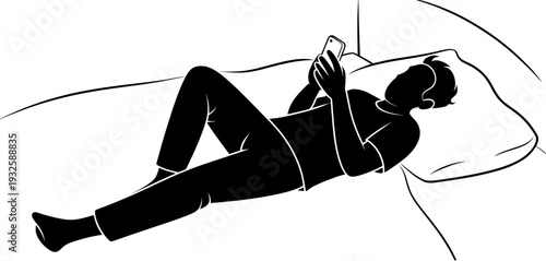Silhouette of man lying in bed using smartphone vector illustration isolated PNG with Transparent Background