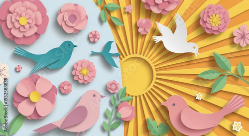 Colorful paper cutout birds and flowers with sun symbolizing peace and harmony in nature