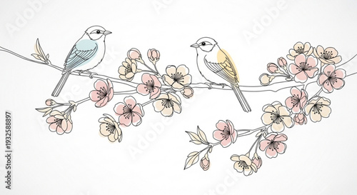 Two birds perched on a blooming cherry blossom branch with pink flowers and green leaves on white background