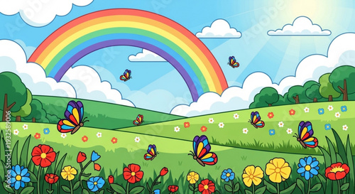 Colorful rainbow with butterflies and flowers in a green field on a sunny day with clouds