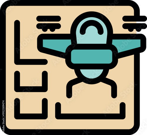 Drone icon flying over a map, following a predetermined route, symbolizing automated navigation and delivery
