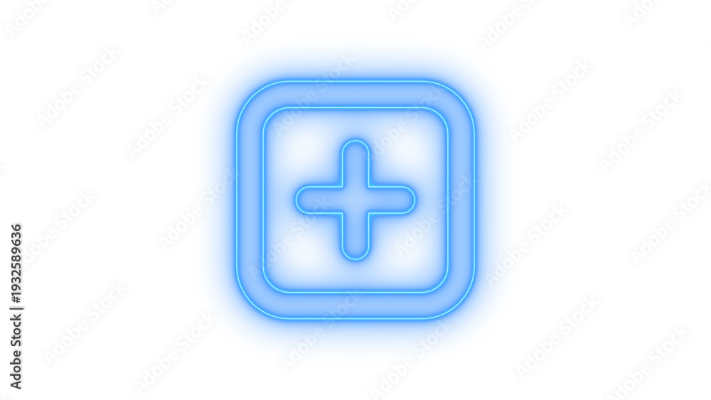 Obraz premium A vibrant blue neon glowing plus sign icon inside a sleek rounded square outline, representing addition, positive action, and new creation, isolated on transparent background.