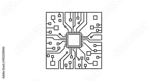 Detailed illustration of a central microchip with radiating circuits.