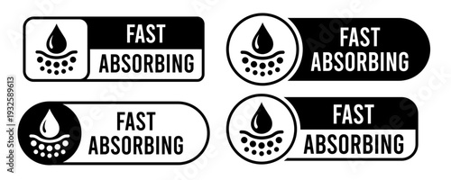 Fast absorbent or quick absorption icon set, label, logo, badge, banner, symbol, sticker, black, flat vector, isolated illustration. Quick dry, dermatology, absorb, fast absorbing water drop icons.