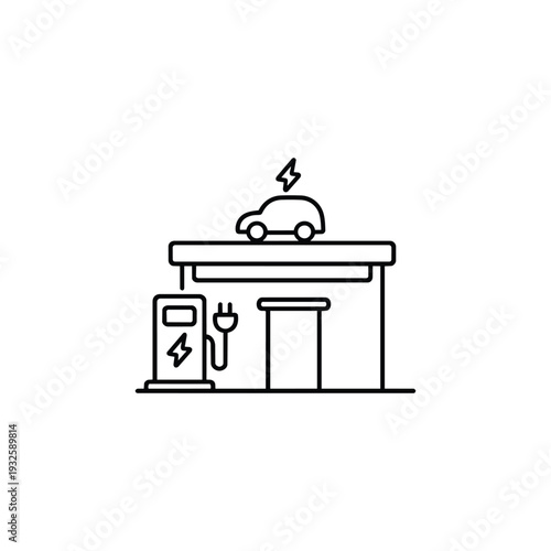 Electric vehicle charging station building line icon black and white vector illustration of modern EV charge point