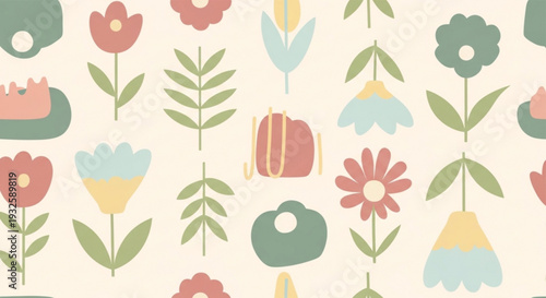 Colorful floral pattern with stylized flowers and leaves on cream background for design and decoration