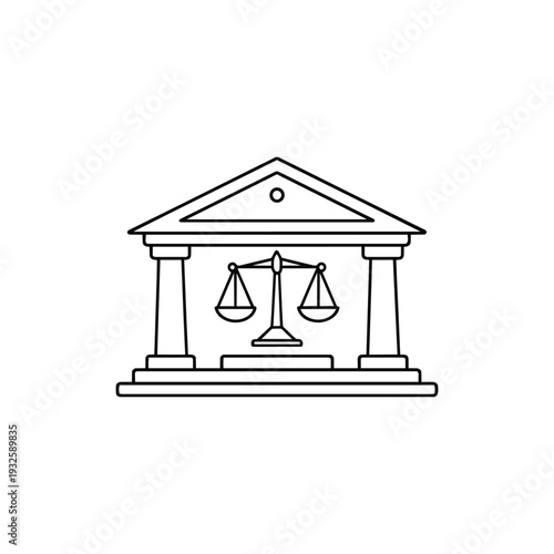 Courthouse building with justice scales black and white line art vector illustration