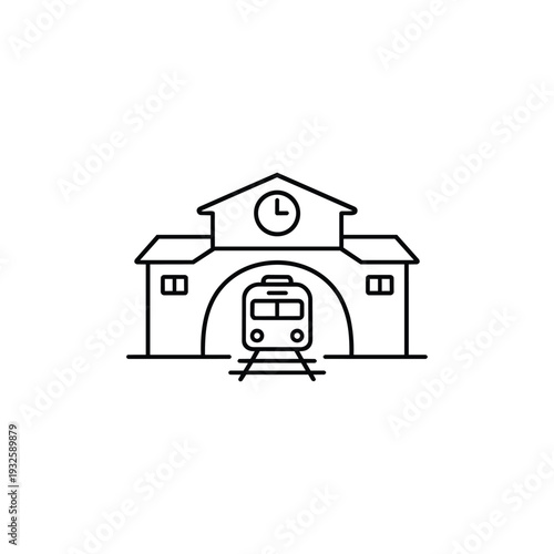 Train station building with clock and train front black and white line vector icon