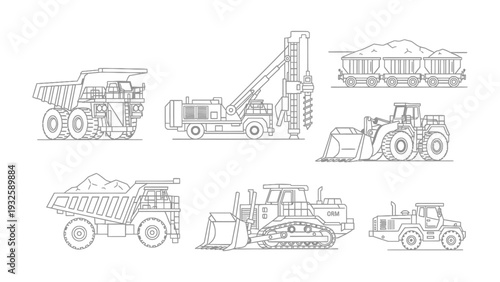 Heavy Industry Vehicles: Depicting various vehicles essential for heavy industry, the illustration showcases the robust machinery used in mining, construction, and material handling.