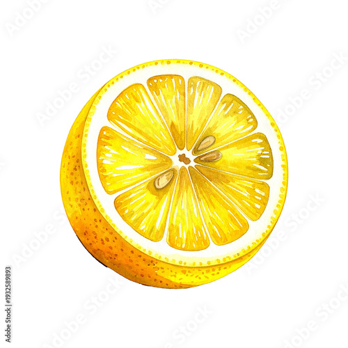 single watercolor lemon slice isolated on white background