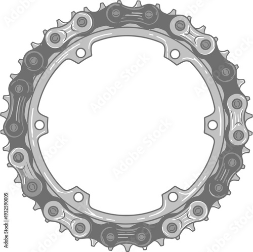 Detailed vector illustration of a bicycle chainring with a chain wrapped around it, depicted in grayscale.