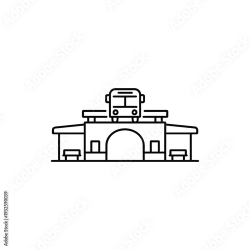 Bus station building black and white vector illustration line icon of public transport terminal