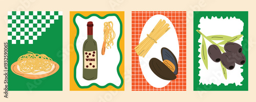 Italian restaurant branding banner set with pasta, wine, mussels and olives illustrations