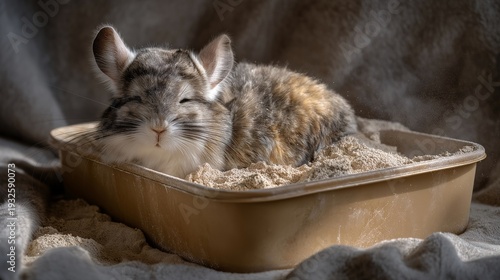 Chinchilla taking a dust bath in a specially designed container with powder flying around in a home setting, perfect for exotic small pet lifestyle, chinchilla care, rare pet owner, small mammal