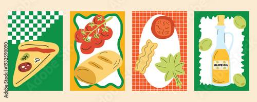 Italian restaurant branding banner set with pizza, pasta, bread, tomatoes, basil and olive oil illustrations