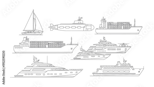 Vessels Silhouette: a collection of diverse vessels, including sailboat, submarine, cargo ship, and yacht, all depicted in a clean, simple line art style.