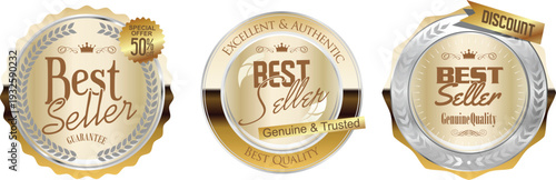 Three best seller labels with gold and silver details