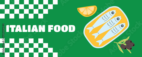 Italian restaurant branding banner with canned sardines, lemon and olives illustrations