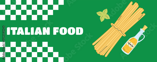 Italian restaurant branding banner with pasta, olive oil and fresh basil illustrations