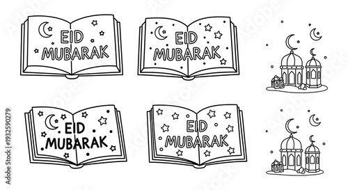 Eid mubarak themed sketches books crescent moons and a mosque