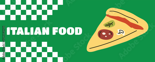 Italian restaurant branding poster with pizza slice, salami, mushrooms, tomatoes and basil illustration