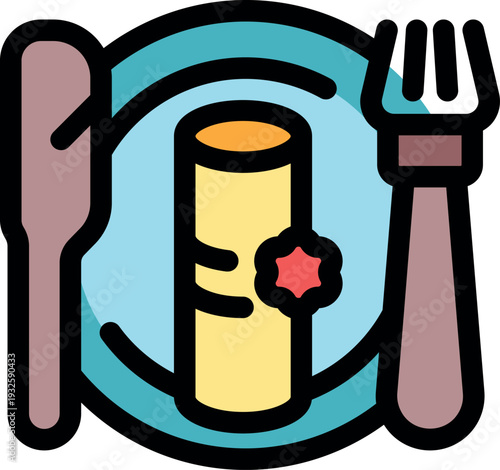 Rolled pastry served on plate, ready to be eaten with fork and knife