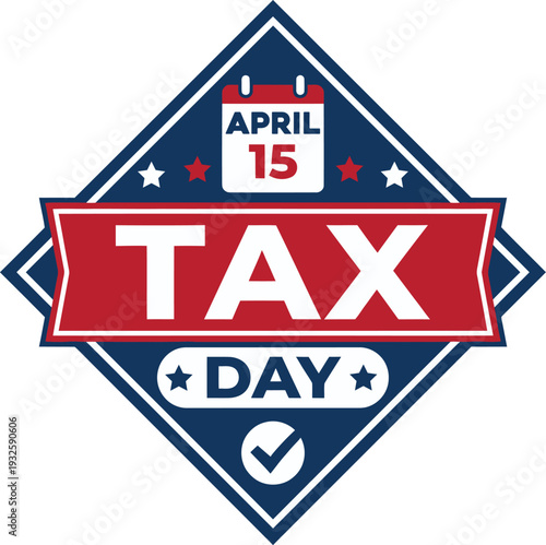 A vibrant diamond shaped graphic announces april 15th as tax day
