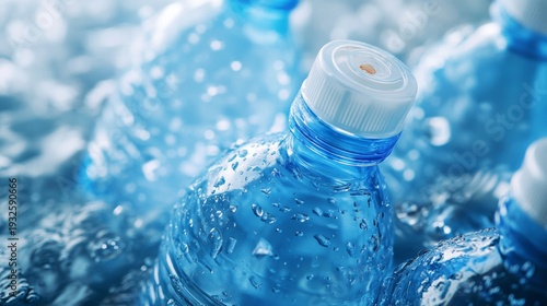 A bottle of water is sitting in a pool of water. There are several other bottles of water in the pool