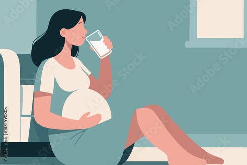 Cartoon Vector of Pregnant Woman Drinking a Glass of Protein Milk Illustration Creative Design Template 