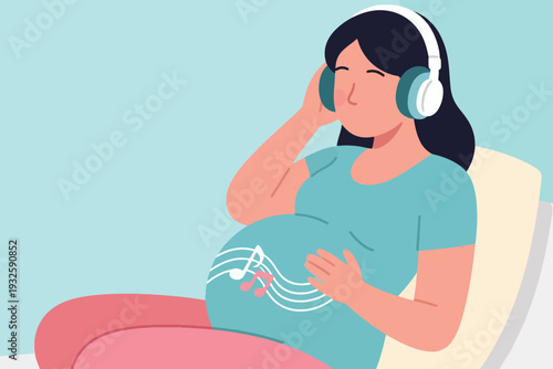Cartoon Vector of a Pregnant Woman Listening to Music With Headset Illustration Creative Design Template 