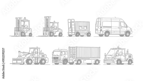Transportation and Logistics Lineup: An array of industrial vehicles and transport machines is artfully presented, conveying efficiency and movement