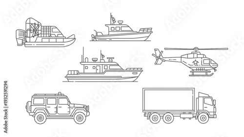 Fleet of Transport in Line Art: A detailed line art illustration of various transport vehicles, showcasing their unique forms and functions for travel and delivery.