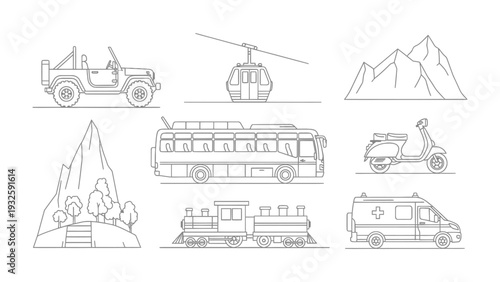 Transportation Icons: A collection of meticulously crafted line art icons showcasing various modes of transportation against a clean background, ideal for infographics and design projects.