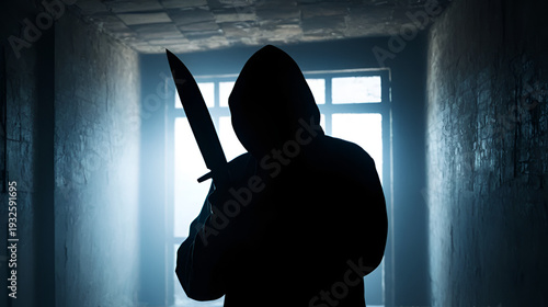 Creepy silhouette with knife  in the dark abandoned building. Horror about maniac concept