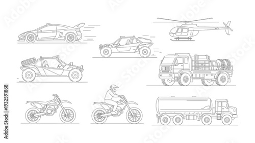 Vehicular Variety: A collection of various vehicle illustrations, ranging from sleek automobiles to rugged off-road machines, all captured in a precise, line-art style.