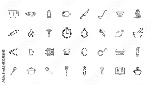Kitchen Utensils Line Icons Collection – Minimal Cooking Equipment Vector Set – Isolated on White Background
