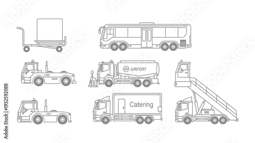 Airport Transport: An assortment of airport transport vehicles, including a bus, catering truck, and aircraft stairs, is shown in a clean, graphic style. These vehicles support aircraft operations.