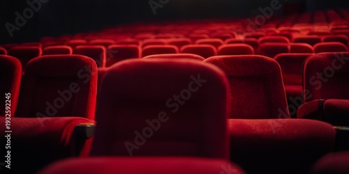 A large empty theatre filled with red seats. The stage is dark and ready for a film to begin.