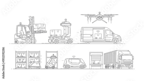 Innovations in Modern Logistics: A technical illustration showcasing various innovative modes of transportation. 